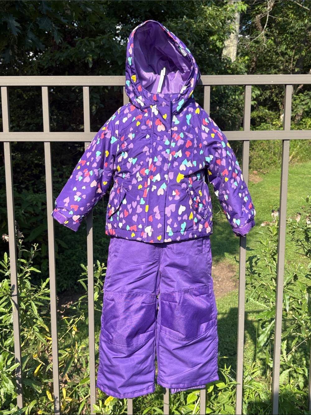 Cherokee 3 Piece Winter 3-in-1 Purple W/ Hearts Jacket & Snow Bib Overalls Sz 2T